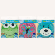 3 Pack of Kids Cold Packs with one being a Blue Bear, Pink Butterfly, and Green Frog.